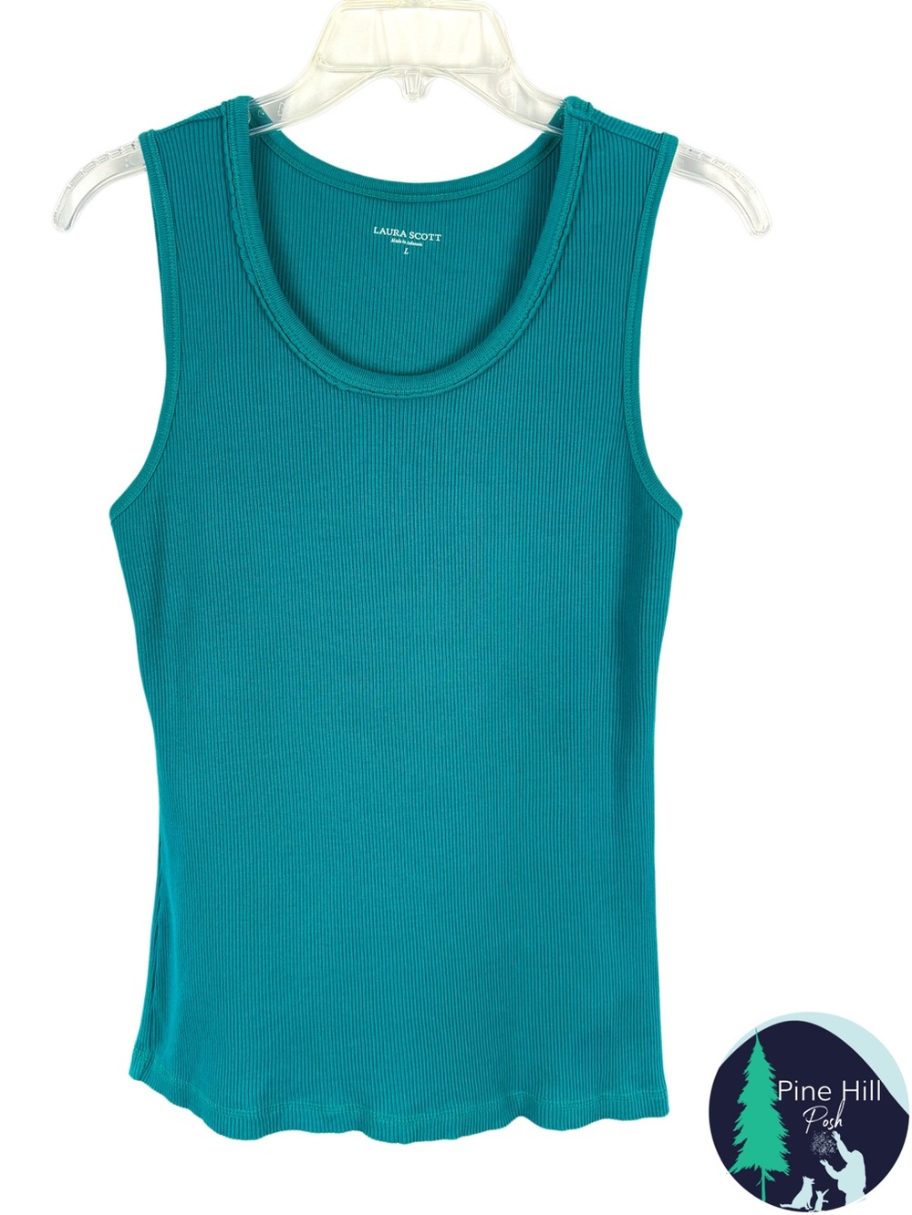 Laura Scott Ribbed Tank Top Womens Large 100% Cotton Teal Blue Scoop Neck